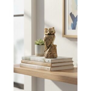 Vintage Genuine Alabaster Italian Marble Owl Glass Eyes Hand Carved 8" Retro MCM